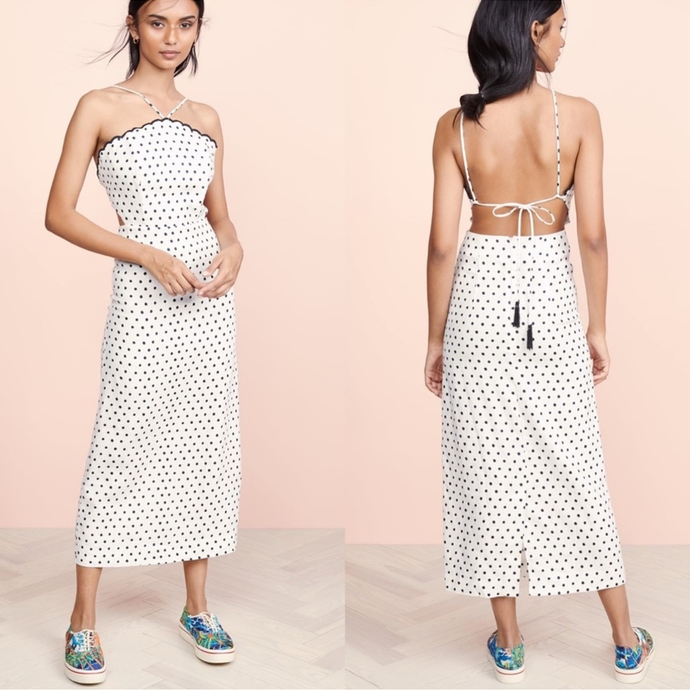 NWT Farm Rio Onca Linen Dot Open Back Midi Dress XS Black White Beaded Fringe